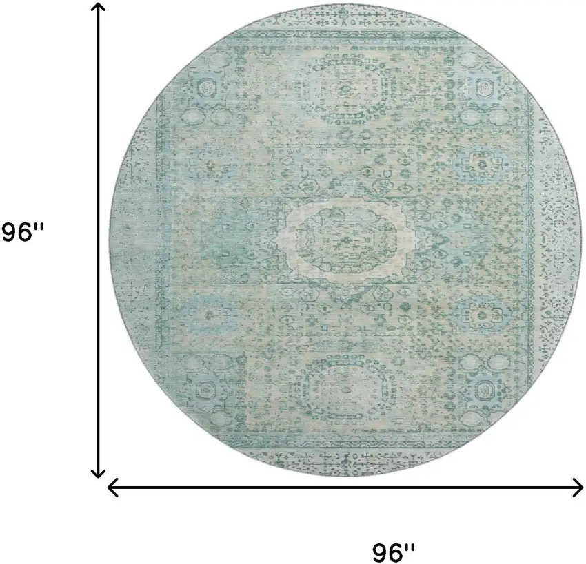 8' Turquoise And Beige Oriental Washable Round Rug With UV Protection Photo 9