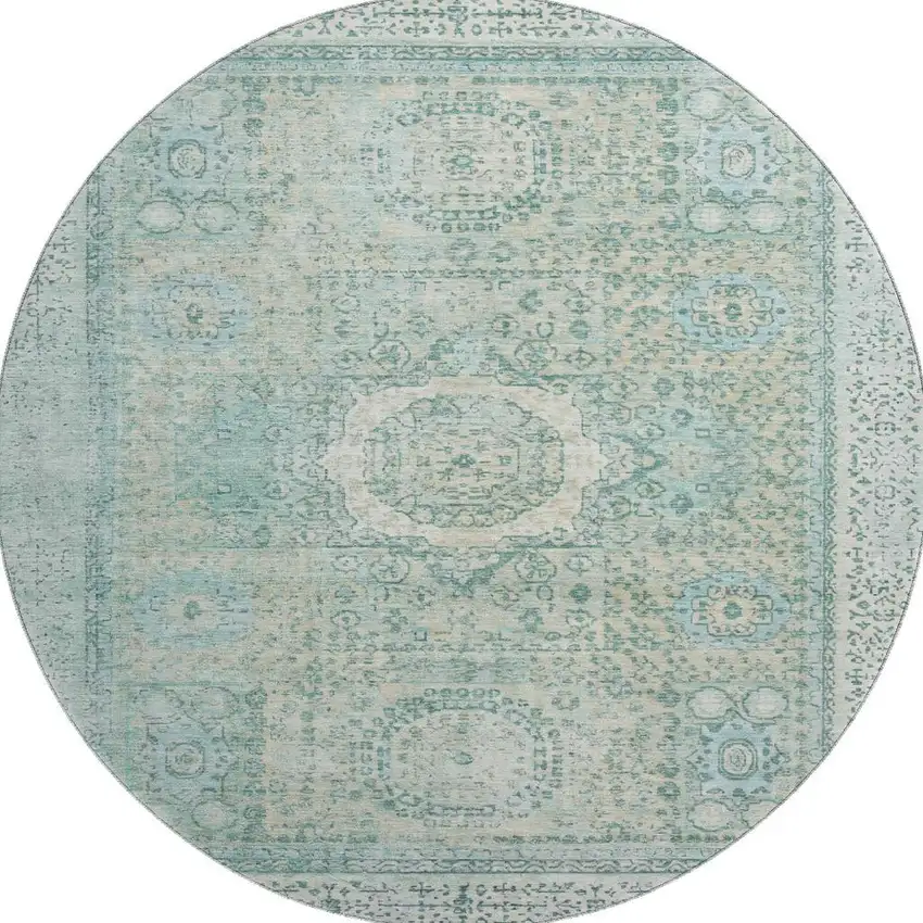 8' Turquoise And Beige Oriental Washable Round Rug With UV Protection Photo 3