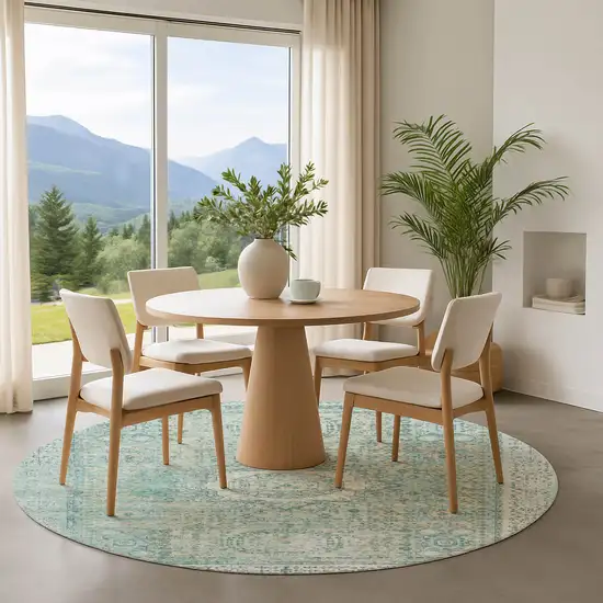 8' Turquoise And Beige Oriental Washable Round Rug With UV Protection Photo 4