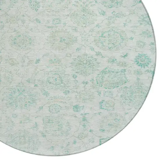 8' Turquoise And Beige Round Damask Washable Indoor Outdoor Area Rug Photo 8