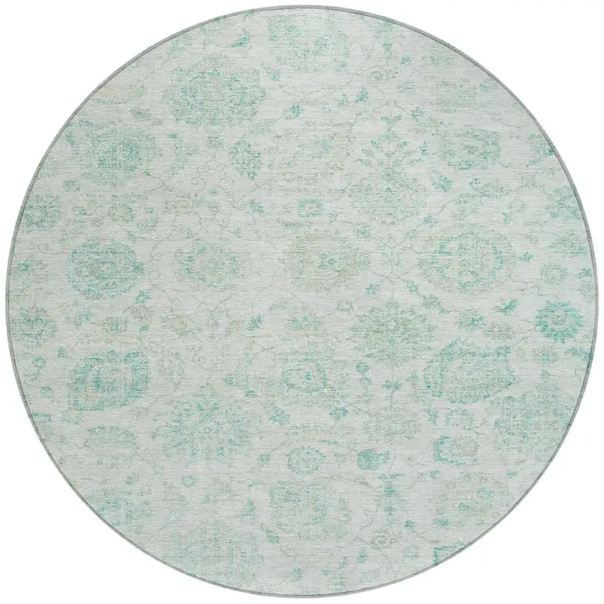 8' Turquoise And Beige Round Damask Washable Indoor Outdoor Area Rug Photo 3