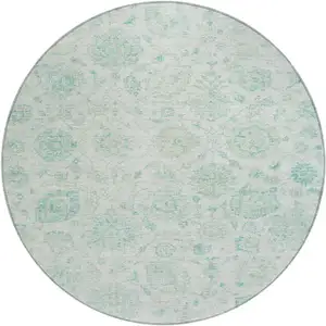 Photo of 8' Turquoise And Beige Round Damask Washable Indoor Outdoor Area Rug
