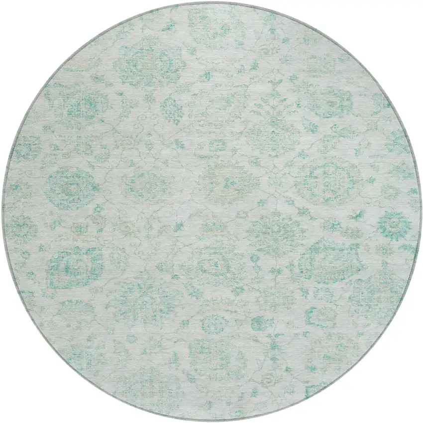 8' Turquoise And Beige Round Damask Washable Indoor Outdoor Area Rug Photo 1