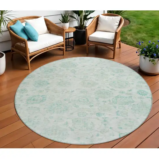 8' Turquoise And Beige Round Damask Washable Indoor Outdoor Area Rug Photo 2