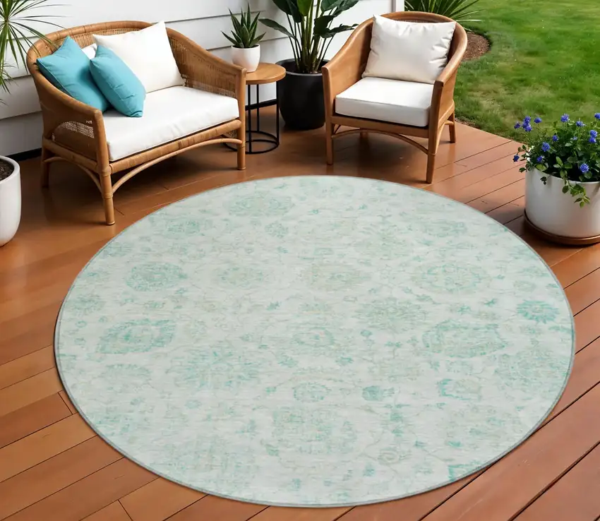 8' Turquoise And Beige Round Damask Washable Indoor Outdoor Area Rug Photo 2