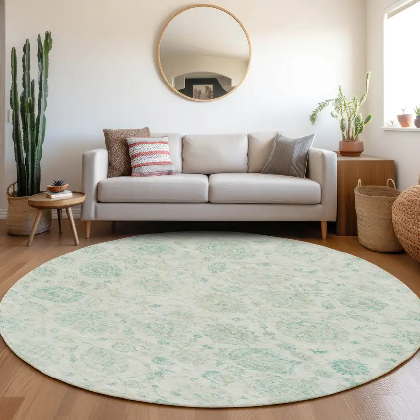 8' Turquoise And Beige Round Damask Washable Indoor Outdoor Area Rug Photo 6