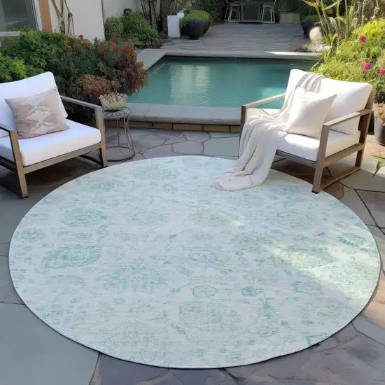 8' Turquoise And Beige Round Damask Washable Indoor Outdoor Area Rug Photo 5