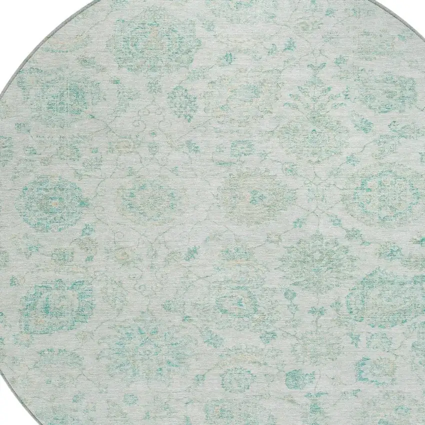 8' Turquoise And Beige Round Damask Washable Indoor Outdoor Area Rug Photo 4