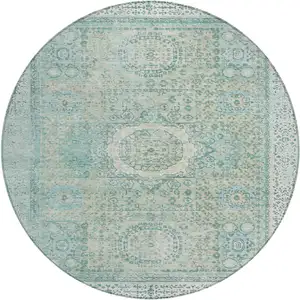Photo of 8' Turquoise And Beige Round Floral Medallion Washable Indoor Outdoor Area Rug