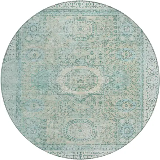 8' Turquoise And Beige Round Floral Medallion Washable Indoor Outdoor Area Rug Photo 1