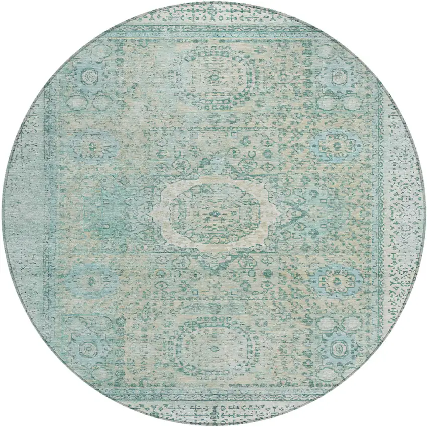 8' Turquoise And Beige Round Floral Medallion Washable Indoor Outdoor Area Rug Photo 1