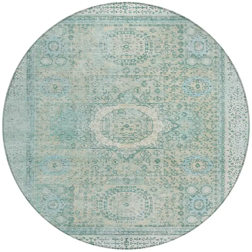 8' Turquoise And Beige Round Floral Medallion Washable Indoor Outdoor Area Rug Photo 3