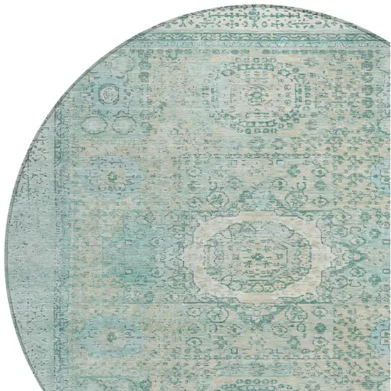 8' Turquoise And Beige Round Floral Medallion Washable Indoor Outdoor Area Rug Photo 7