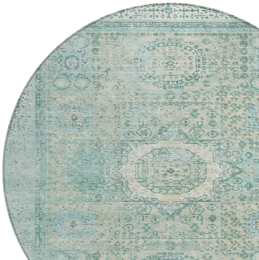 8' Turquoise And Beige Round Floral Medallion Washable Indoor Outdoor Area Rug Photo 7