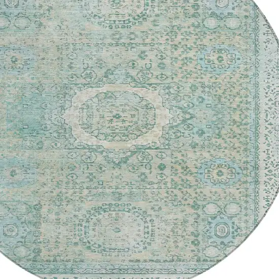 8' Turquoise And Beige Round Floral Medallion Washable Indoor Outdoor Area Rug Photo 4