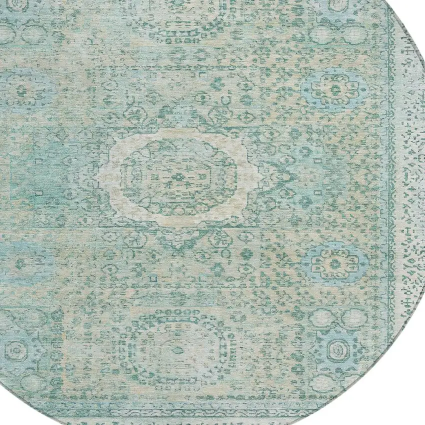 8' Turquoise And Beige Round Floral Medallion Washable Indoor Outdoor Area Rug Photo 4