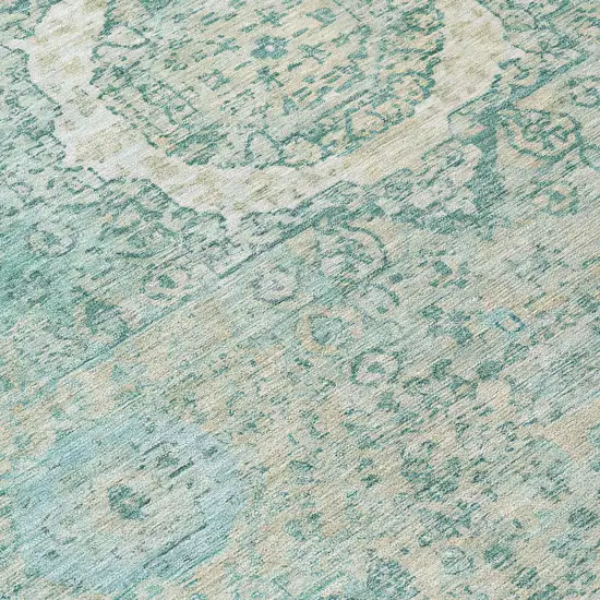 8' Turquoise And Beige Round Floral Medallion Washable Indoor Outdoor Area Rug Photo 8