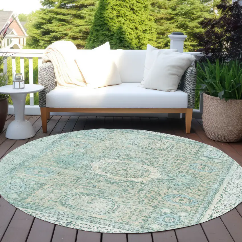 8' Turquoise And Beige Round Floral Medallion Washable Indoor Outdoor Area Rug Photo 5