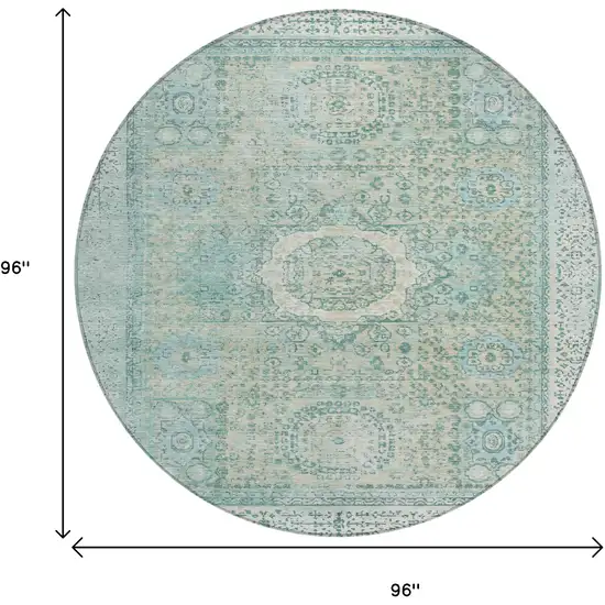 8' Turquoise And Beige Round Floral Medallion Washable Indoor Outdoor Area Rug Photo 9