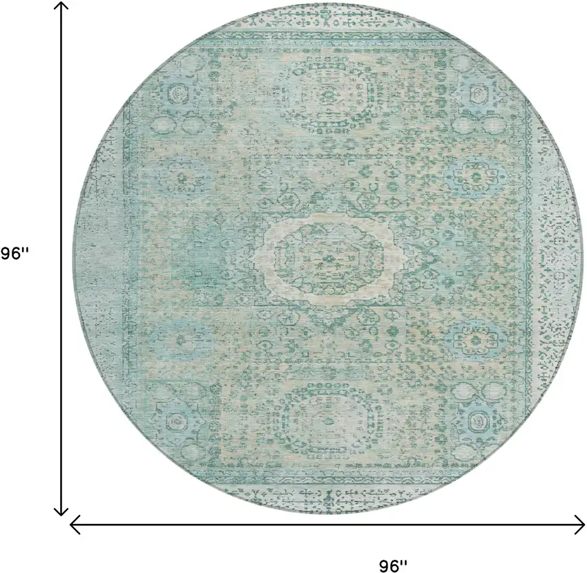 8' Turquoise And Beige Round Floral Medallion Washable Indoor Outdoor Area Rug Photo 9