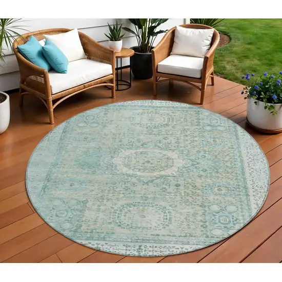 8' Turquoise And Beige Round Floral Medallion Washable Indoor Outdoor Area Rug Photo 2