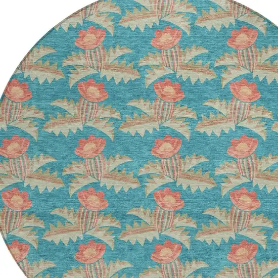 8' Turquoise And Brown Round Floral Washable Indoor Outdoor Area Rug Photo 5