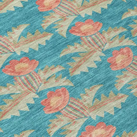 8' Turquoise And Brown Round Floral Washable Indoor Outdoor Area Rug Photo 7