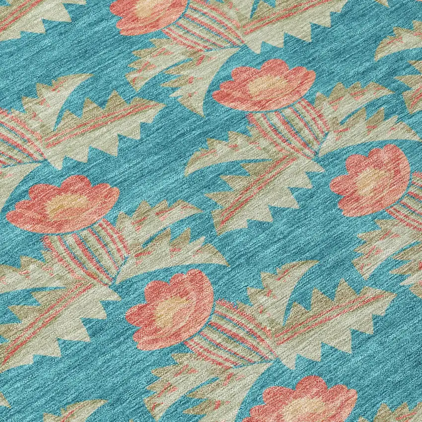 8' Turquoise And Brown Round Floral Washable Indoor Outdoor Area Rug Photo 7