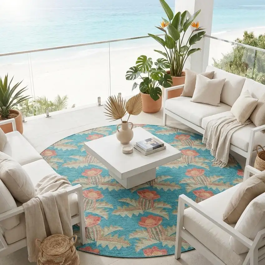 8' Turquoise And Brown Round Floral Washable Indoor Outdoor Area Rug Photo 1