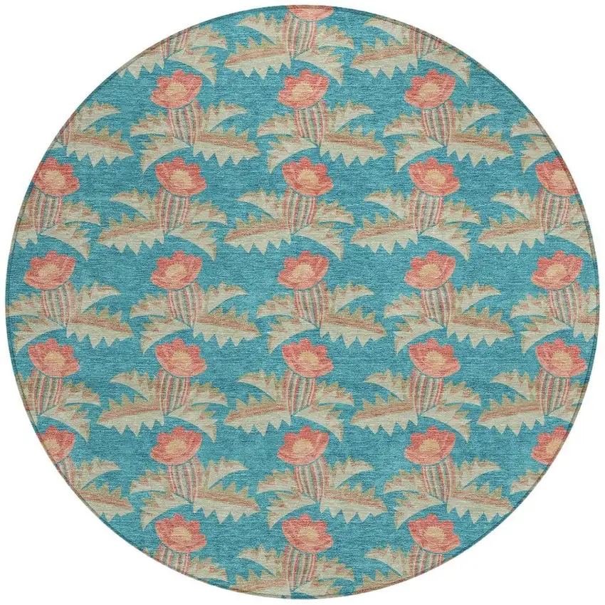 8' Turquoise And Brown Round Floral Washable Indoor Outdoor Area Rug Photo 4