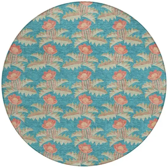 8' Turquoise And Brown Round Floral Washable Indoor Outdoor Area Rug Photo 4