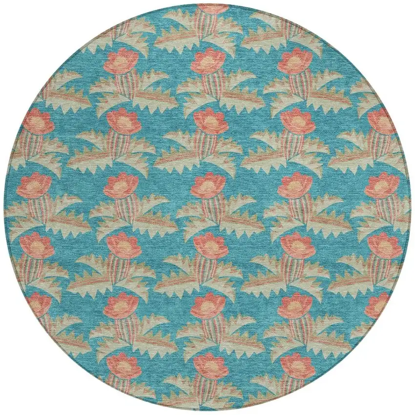 8' Turquoise And Brown Round Floral Washable Indoor Outdoor Area Rug Photo 3
