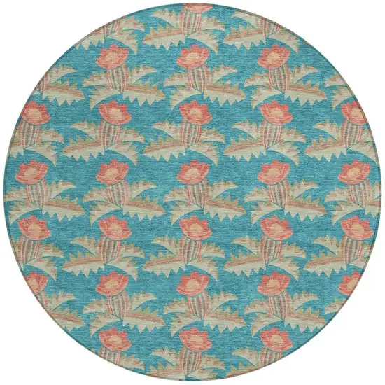 8' Turquoise And Brown Round Floral Washable Indoor Outdoor Area Rug Photo 3