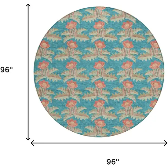 8' Turquoise And Brown Round Floral Washable Indoor Outdoor Area Rug Photo 8