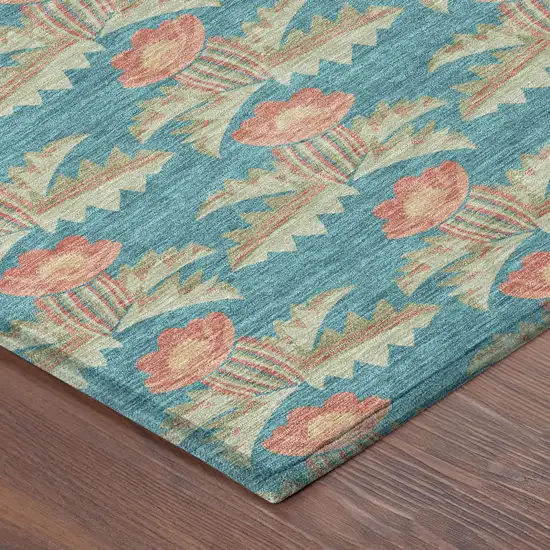 8' Turquoise And Brown Round Floral Washable Indoor Outdoor Area Rug Photo 6