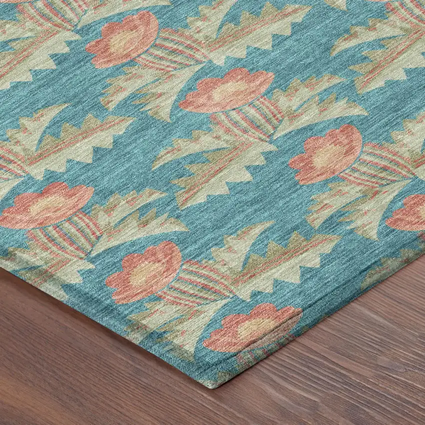 8' Turquoise And Brown Round Floral Washable Indoor Outdoor Area Rug Photo 6