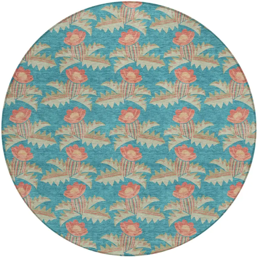 8' Turquoise And Brown Round Floral Washable Indoor Outdoor Area Rug Photo 2