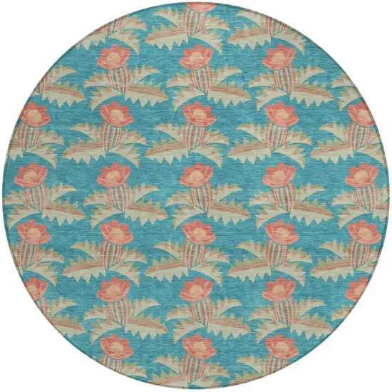 8' Turquoise And Brown Round Floral Washable Indoor Outdoor Area Rug Photo 2