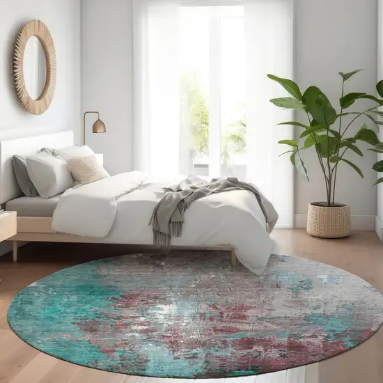 8' Turquoise And Burgundy Round Abstract Washable Indoor Outdoor Area Rug Photo 6