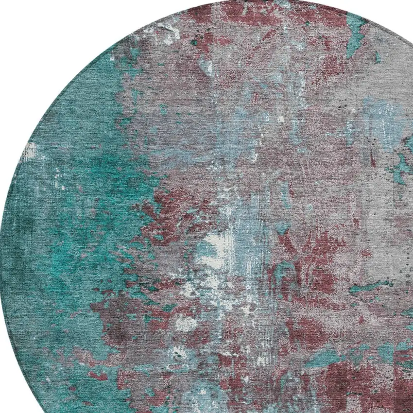 8' Turquoise And Burgundy Round Abstract Washable Indoor Outdoor Area Rug Photo 8
