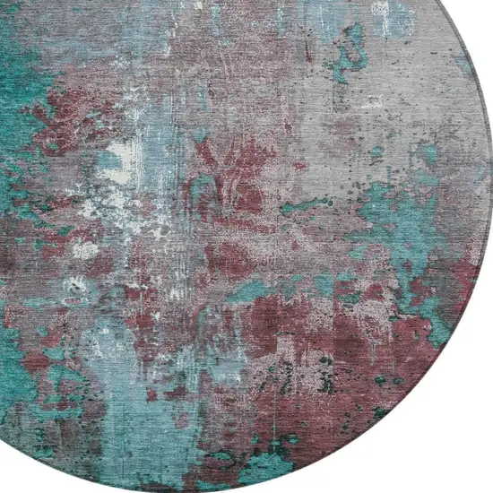 8' Turquoise And Burgundy Round Abstract Washable Indoor Outdoor Area Rug Photo 4
