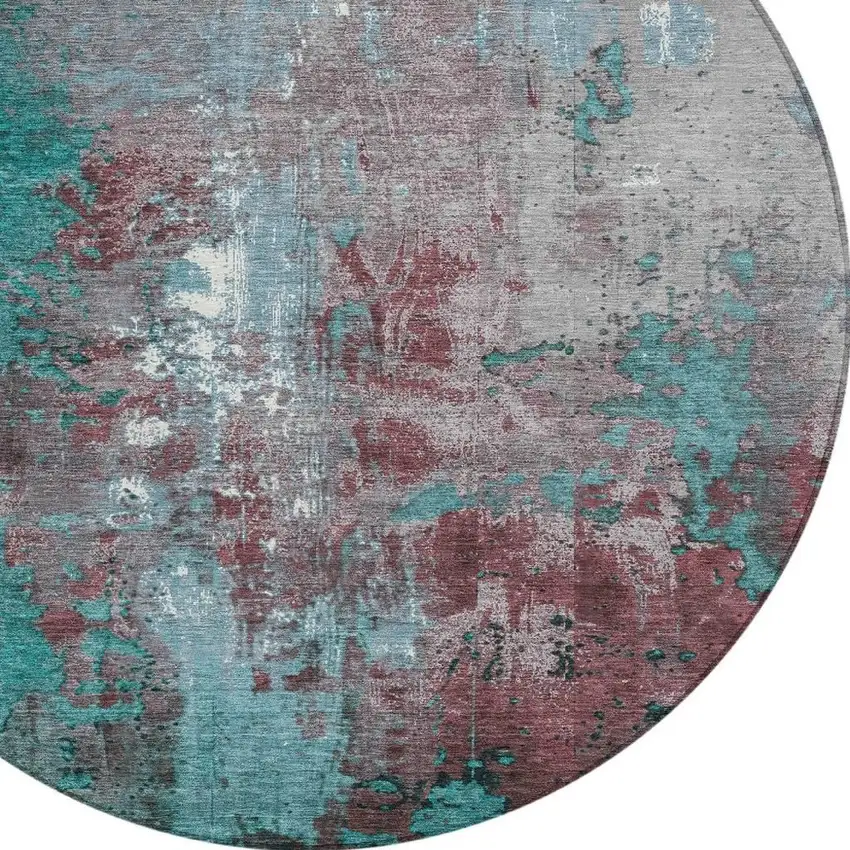 8' Turquoise And Burgundy Round Abstract Washable Indoor Outdoor Area Rug Photo 4