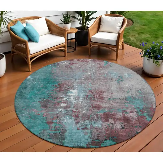 8' Turquoise And Burgundy Round Abstract Washable Indoor Outdoor Area Rug Photo 2