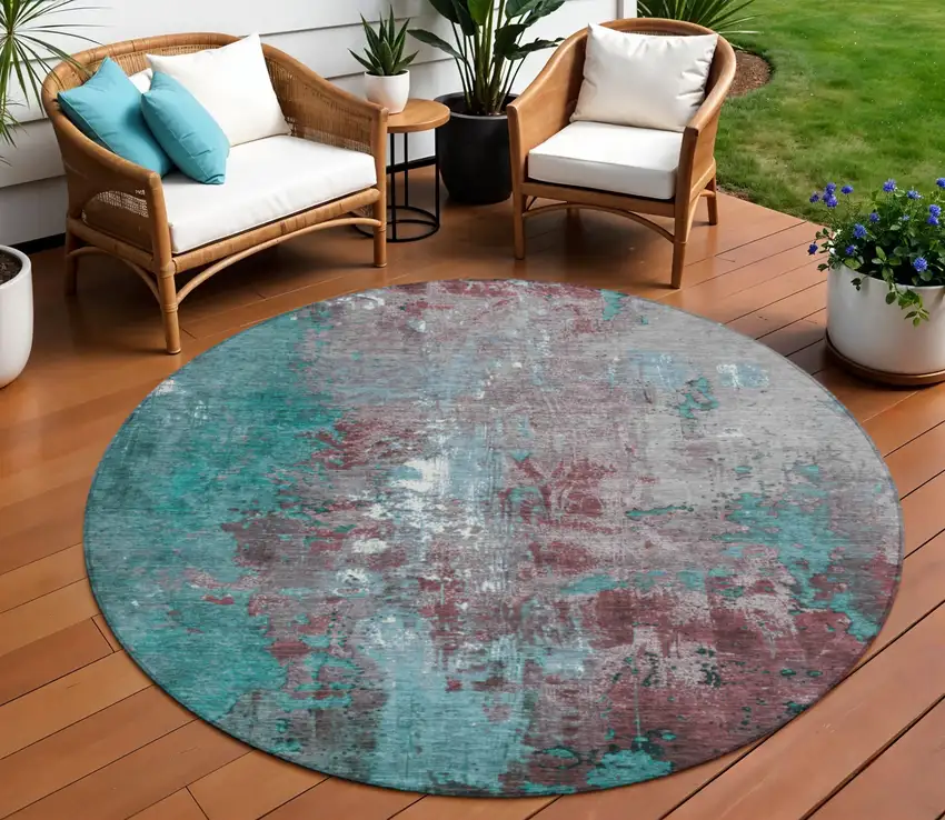 8' Turquoise And Burgundy Round Abstract Washable Indoor Outdoor Area Rug Photo 2