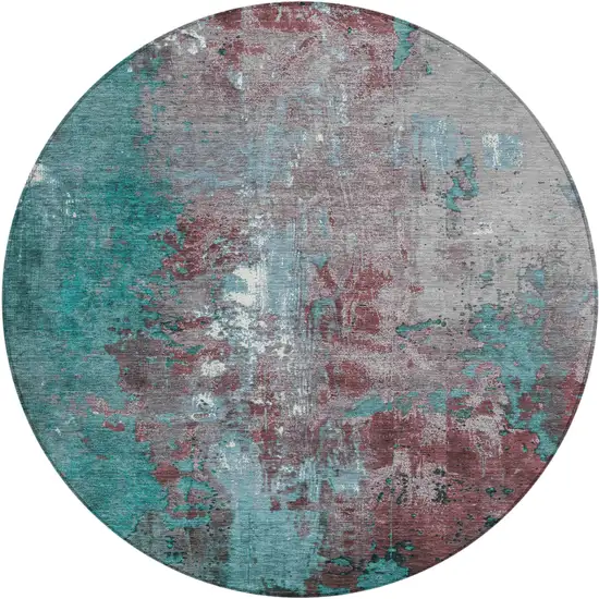 8' Turquoise And Burgundy Round Abstract Washable Indoor Outdoor Area Rug Photo 1