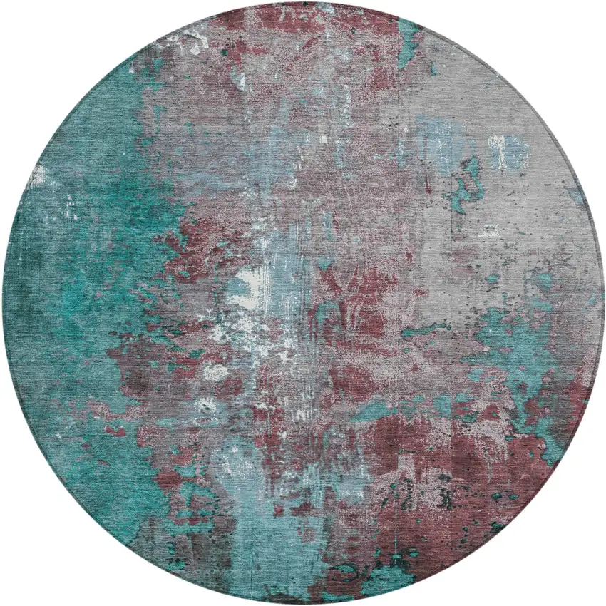 8' Turquoise And Burgundy Round Abstract Washable Indoor Outdoor Area Rug Photo 1