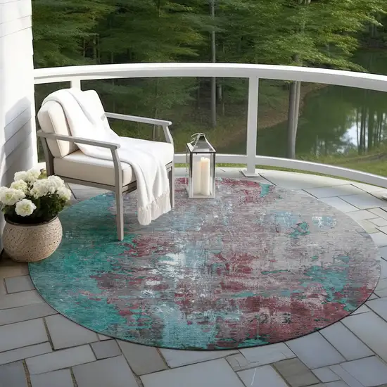 8' Turquoise And Burgundy Round Abstract Washable Indoor Outdoor Area Rug Photo 5