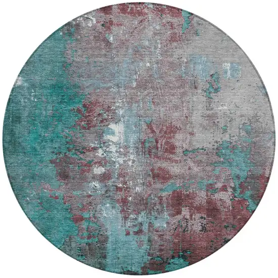 8' Turquoise And Burgundy Round Abstract Washable Indoor Outdoor Area Rug Photo 3