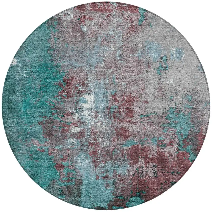 8' Turquoise And Burgundy Round Abstract Washable Indoor Outdoor Area Rug Photo 3