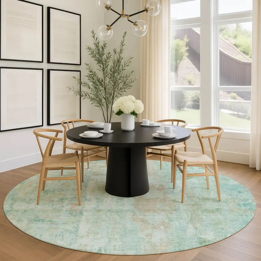 8' Turquoise And Copper Round Abstract Washable Indoor Outdoor Area Rug Photo 9
